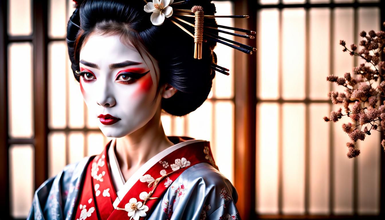 Hyperrealistic Geisha with Traditional Makeup in HDR