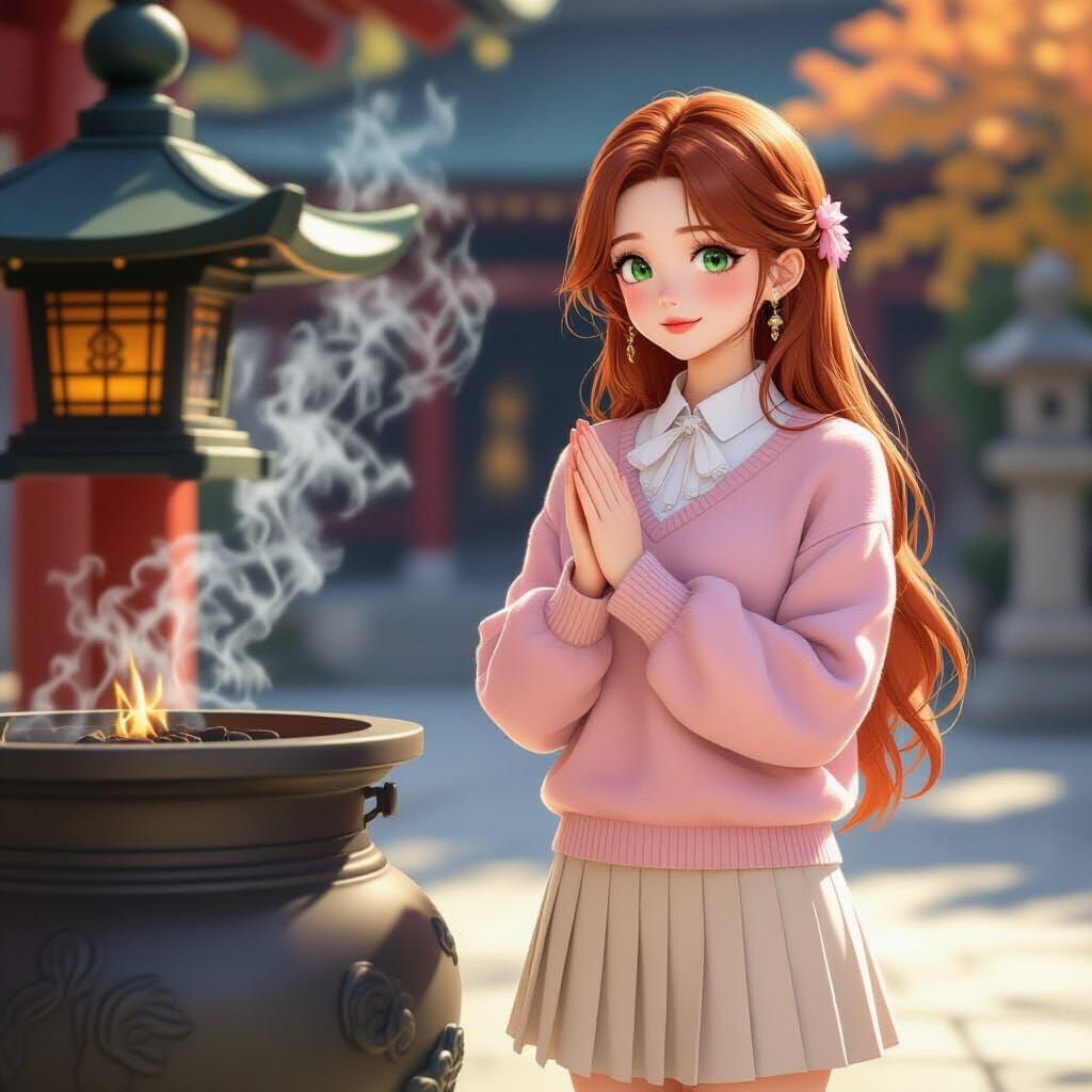 Japanese Woman Praying at Tokyo Temple in Autumn