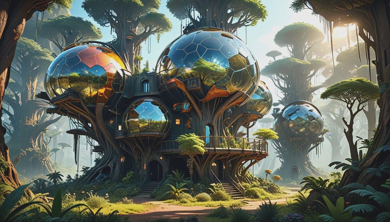 Surreal Solarpunk Village Unfolds in a Dense Forest of Heave...