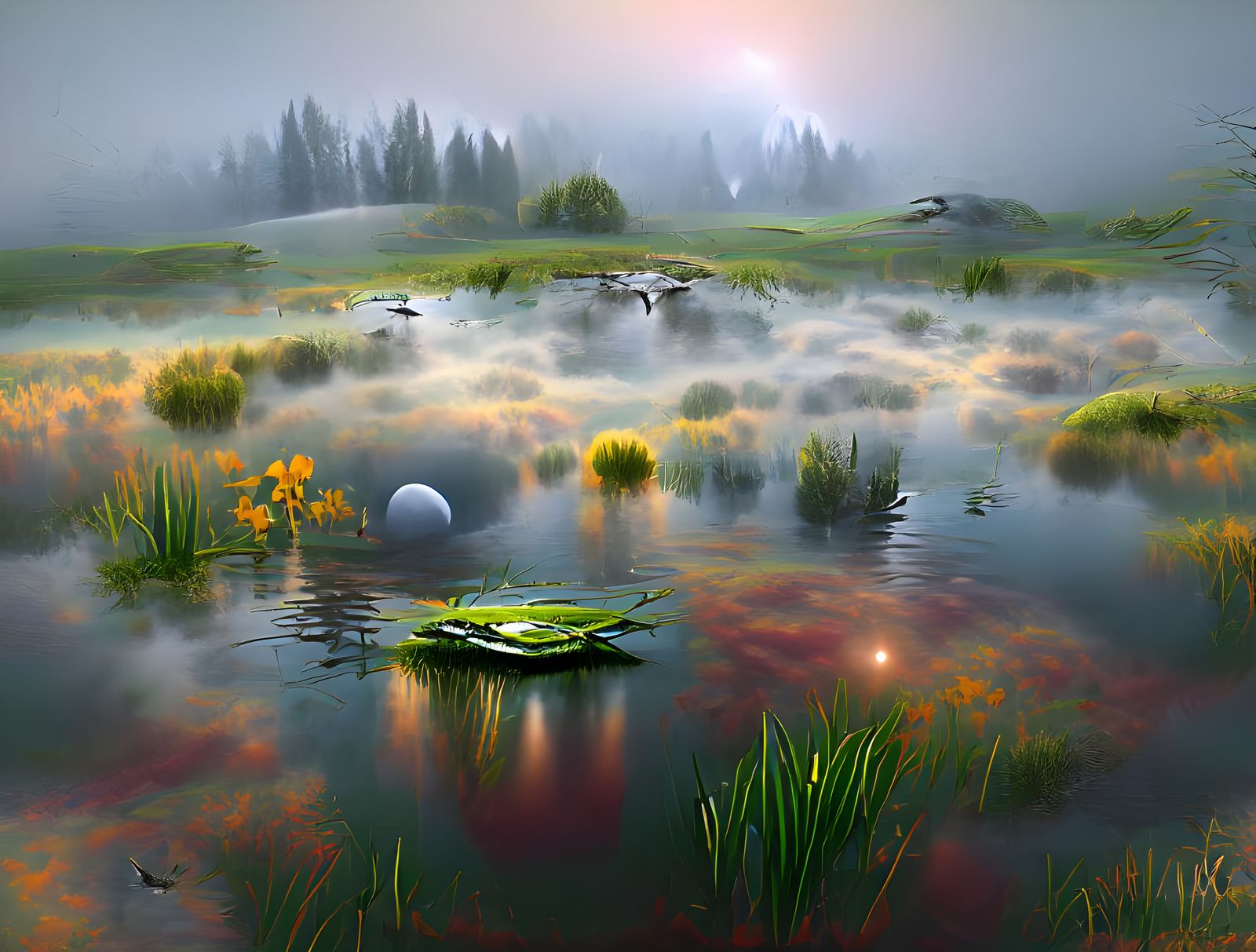 Misty Pond at Dawn: Hyperrealistic Matte Painting