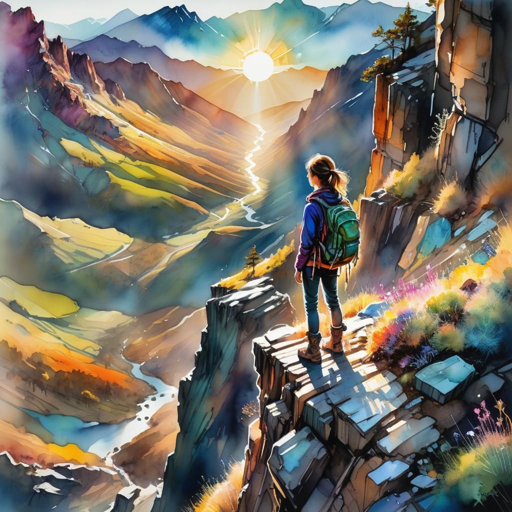 Ethereal Sunset Valley Scene in Watercolor Style