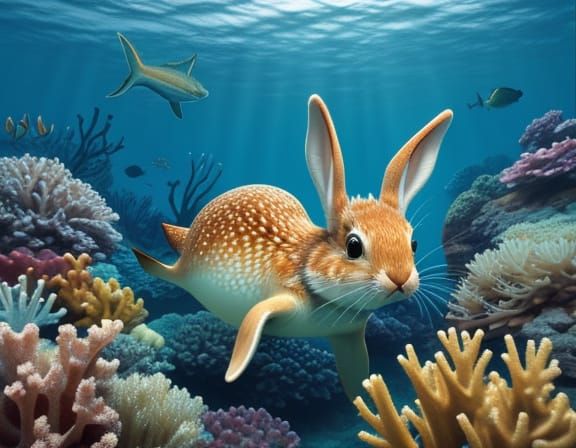 Photorealistic Starfish Hare Swimming Underwater