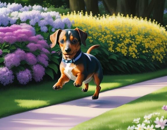 Whimsical Watercolor Dachshund Puppy Spins in Lilac Garden