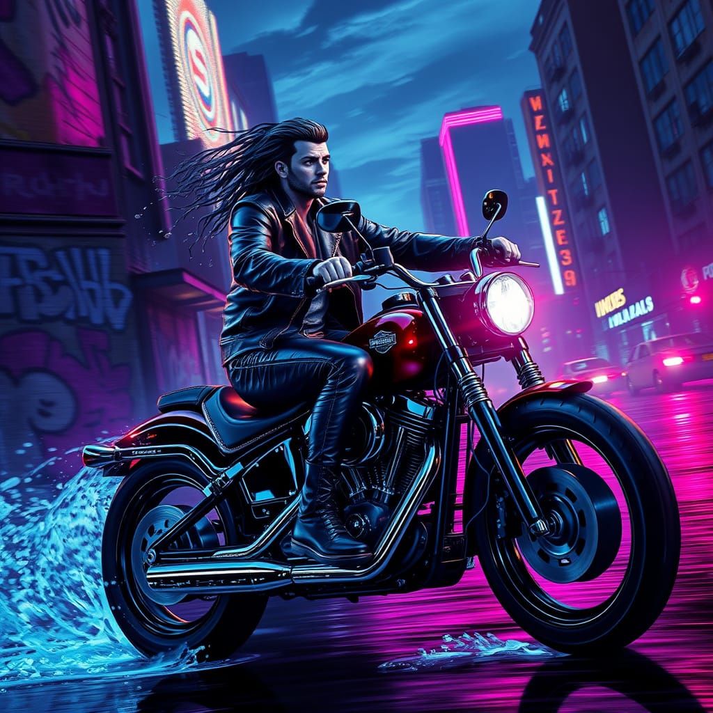 Cyberpunk Aquarius Rides through a Gritty Cityscape
