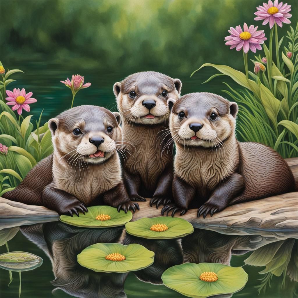 Hyperrealistic Otters Frolicking in a Pond