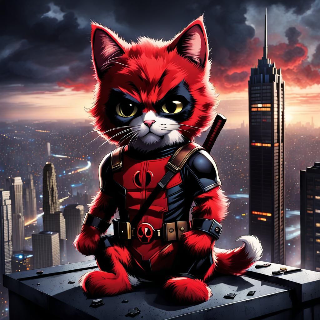 Fluffy Cat as Deadpool in Comic Book Style