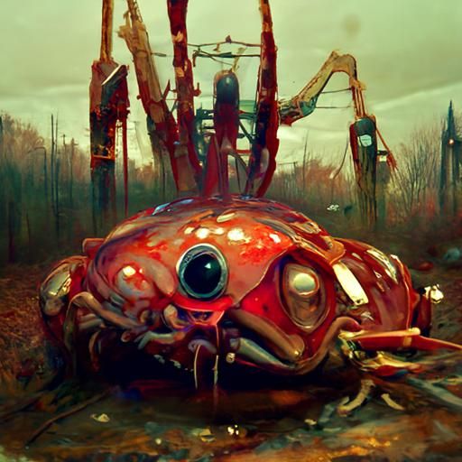 Bloody Eyes in Poisoned Sea: Steampunk Oil Painting