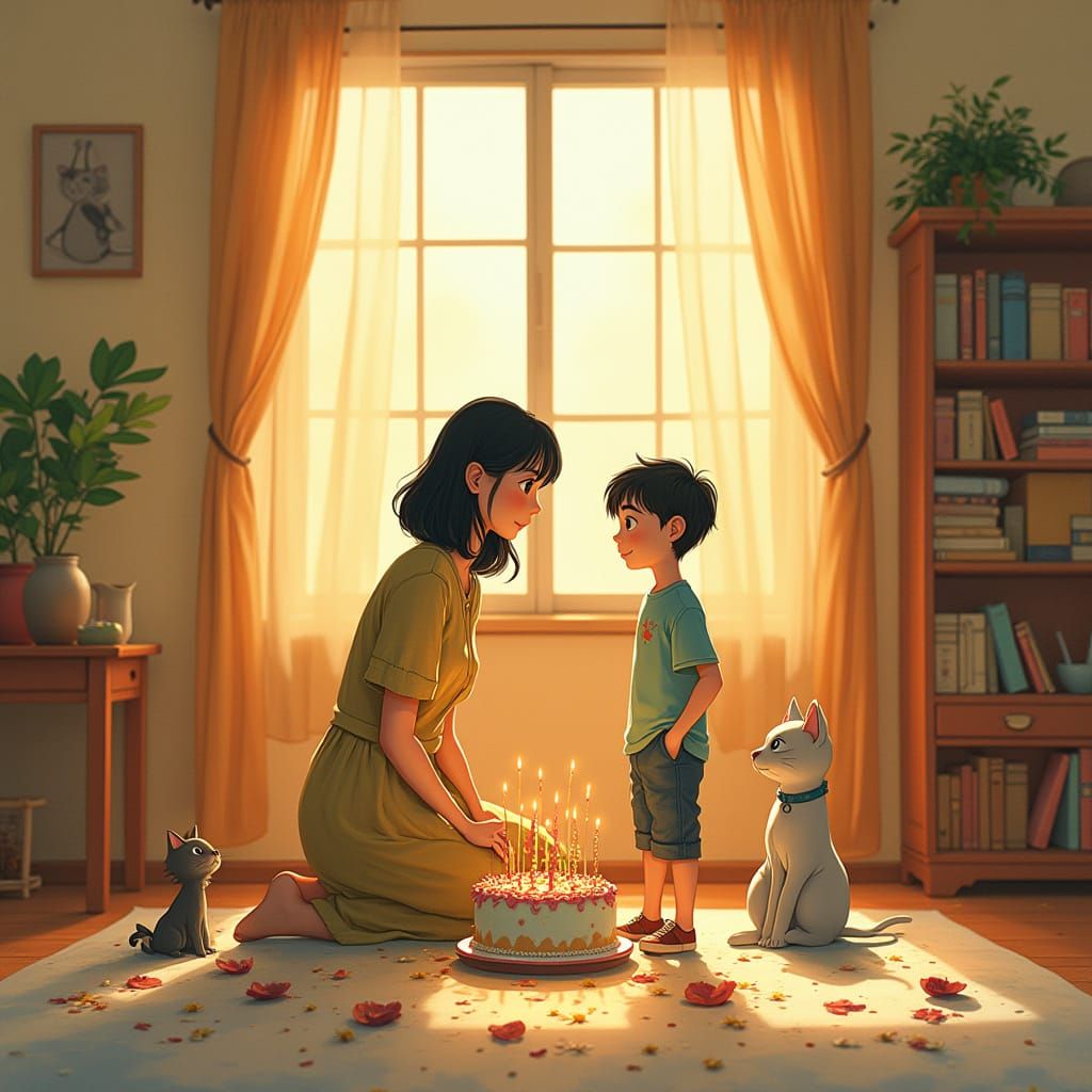 Whimsical Family Moment in a Cozy Studio Ghibli-Inspired Liv...