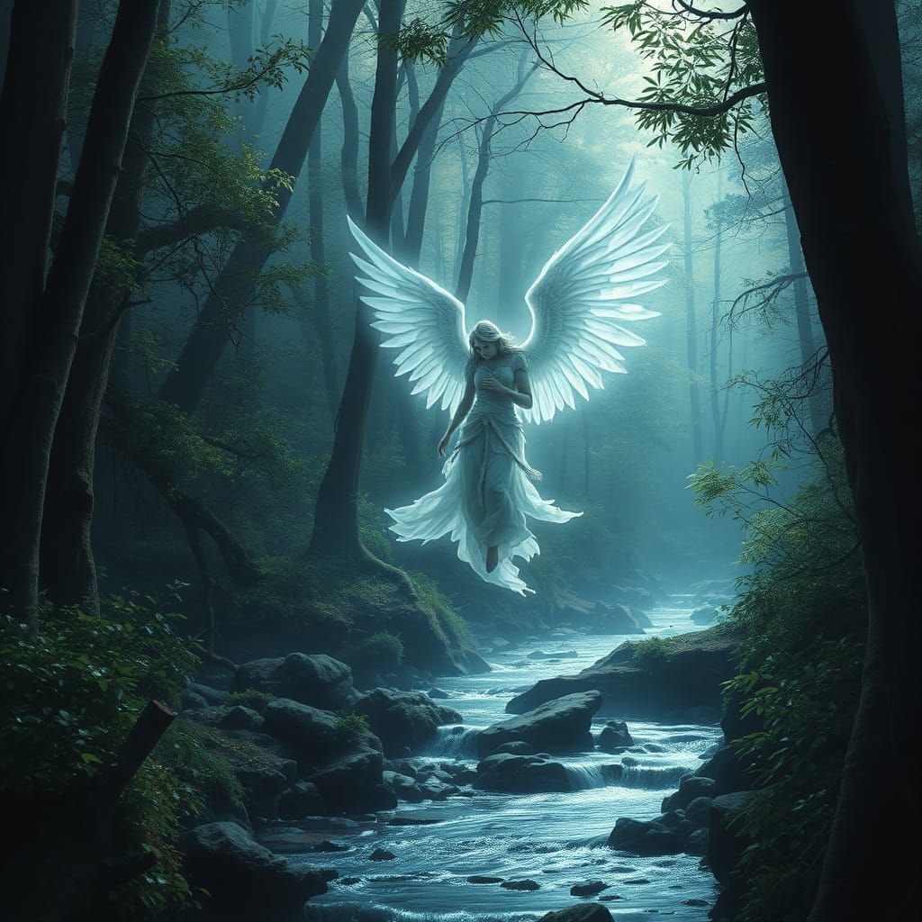 Ethereal Watercolor Angel in a Lush Forest Glade