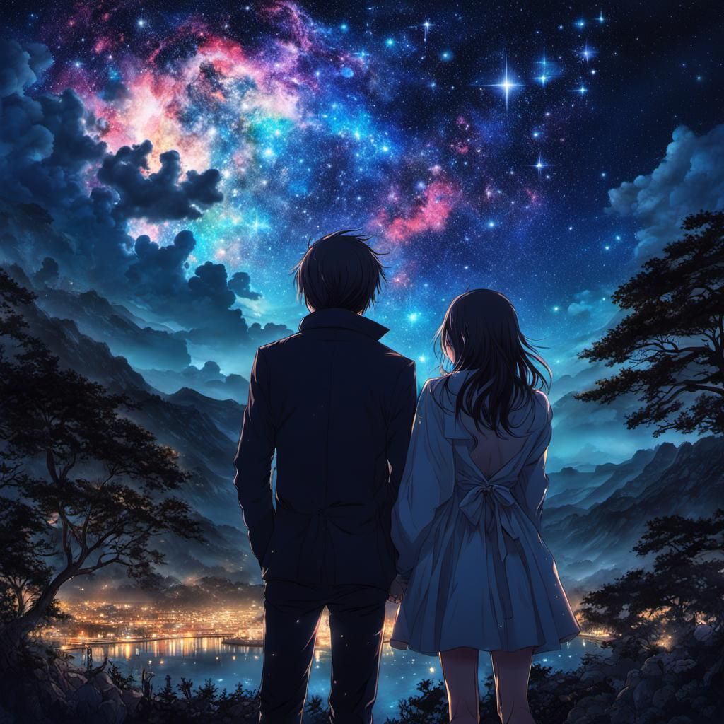 Enchanted Lovers Under Stars: A Digital Anime Collage