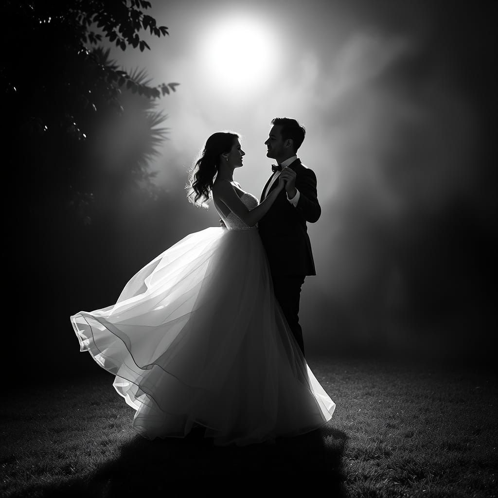 Ethereal Couple Dancing in Black and White Moonlight