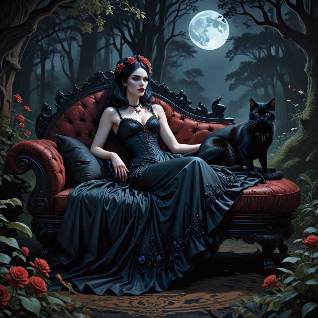 A serene vampire princess with a black cat familiar, reclining on a gothic chaise lounge in a moonlit forest. She wears ...