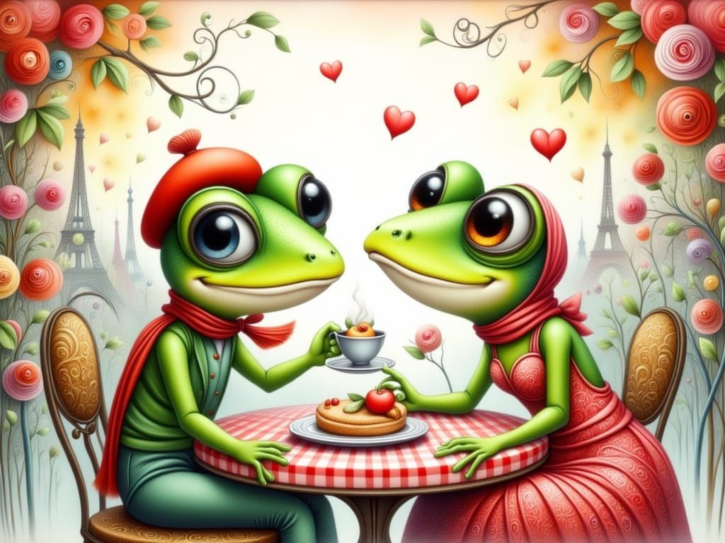 Romantic Frog Couple in Paris, Watercolor Illustration