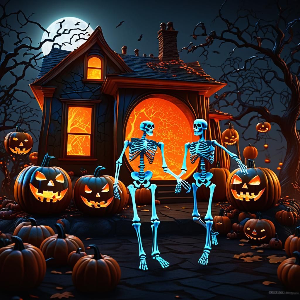 Dancing Skeletons Celebrate Halloween Under Blood Moon