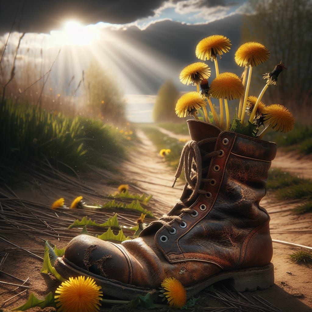 Surreal Dandelions Thrive in Weathered Leather Boot