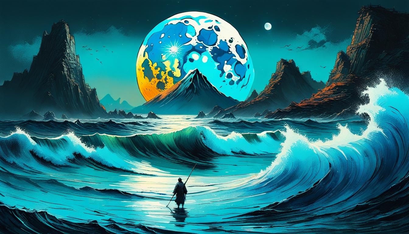 Epic Blue Waves Under Luminous Moon
