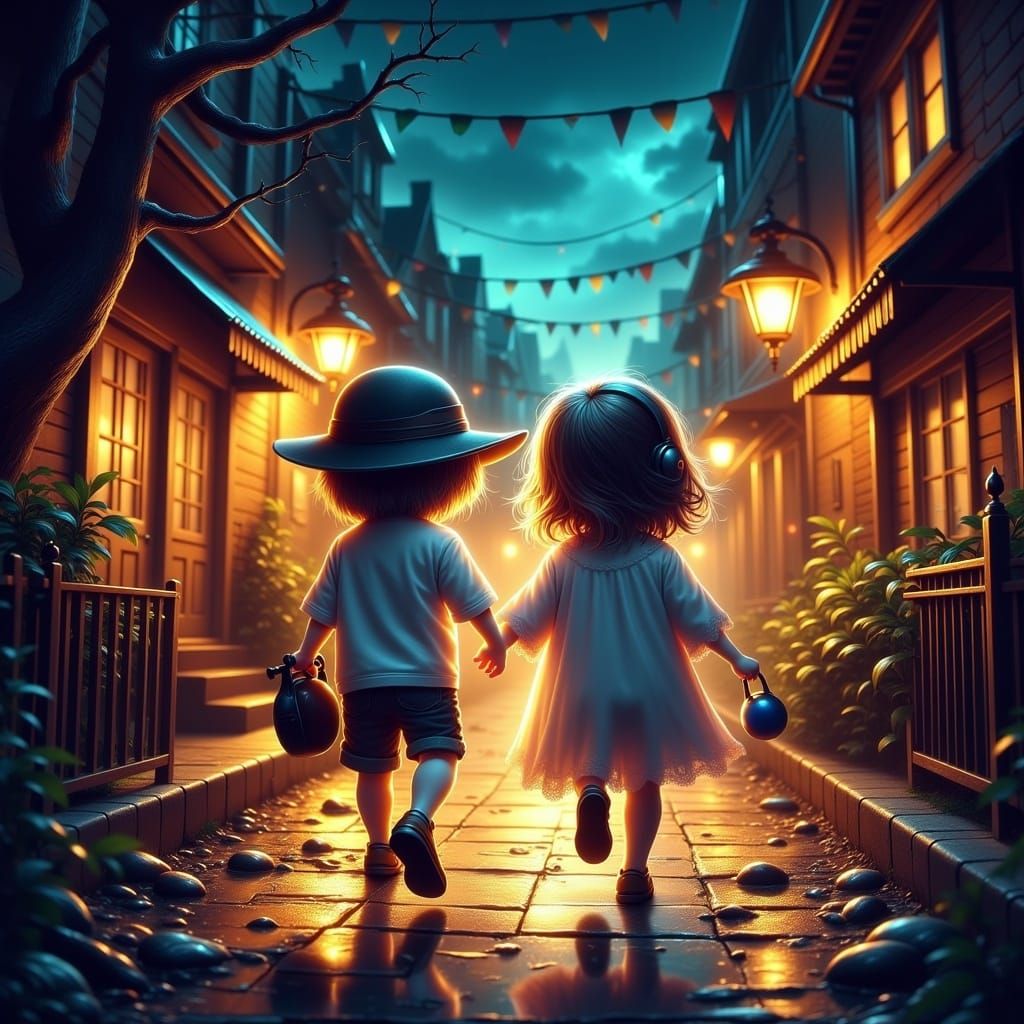 Halloween Night: Nostalgic City Street Scene