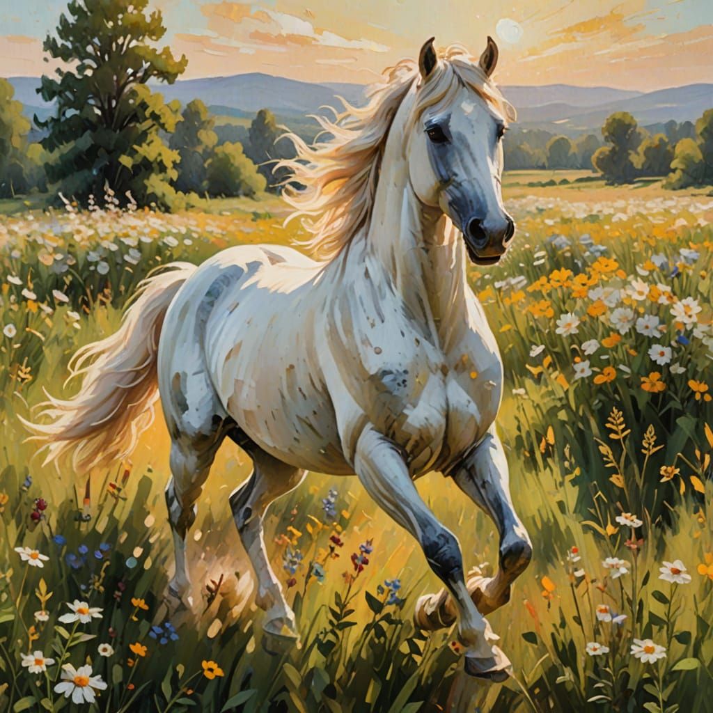 Majestic White Horse Gallops Through Wildflower Field as Imp...