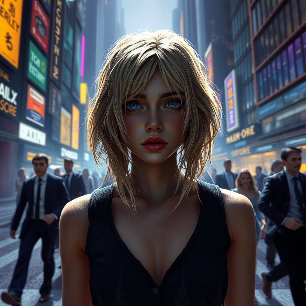 Terrified Woman in Metropolis: Dark Fantasy Art