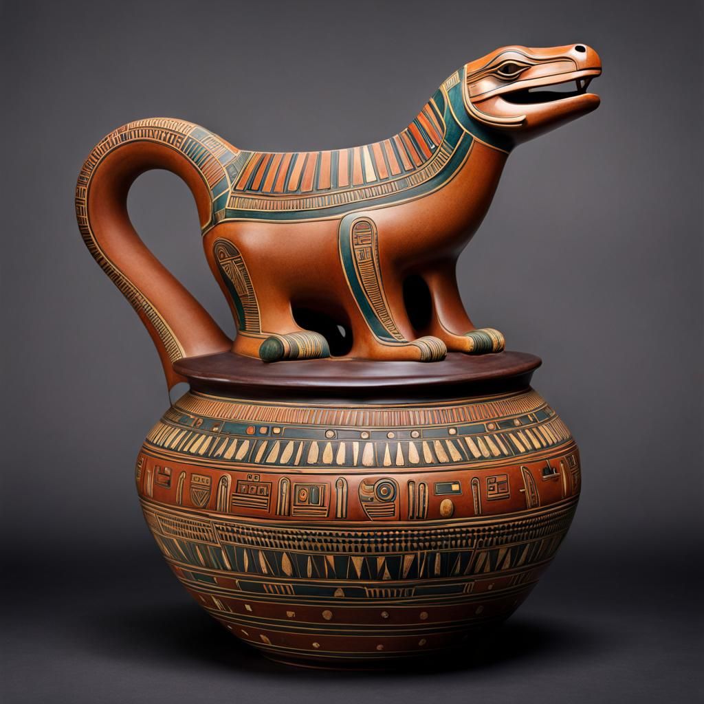 Egyptian Pot Sculpture with T-Rex Design