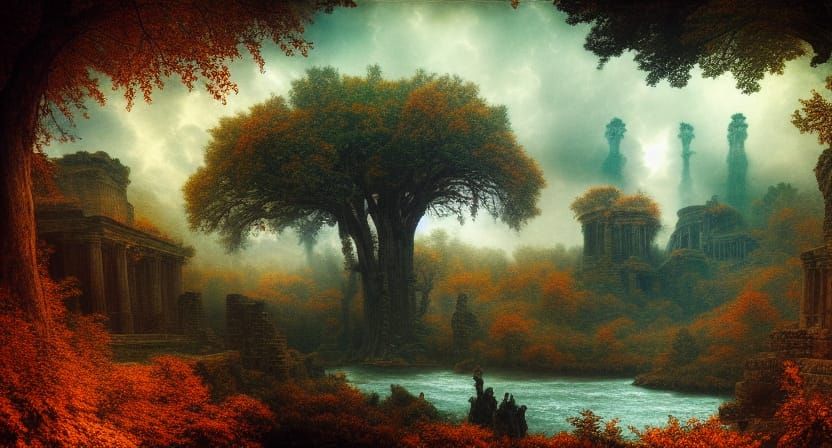 Enchanted Autumn Ruins Landscape in Doré Style