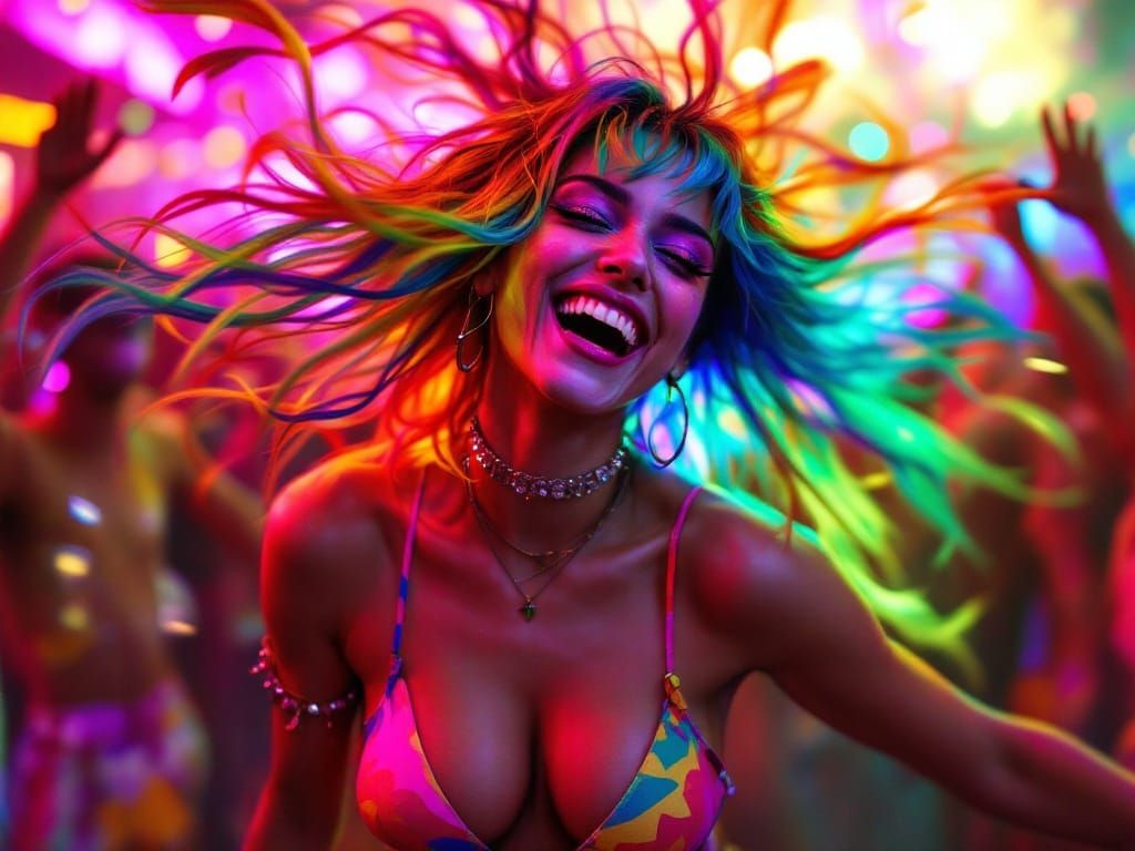 Vibrant Raver Woman Dancing in a Hyper Realistic Art Style