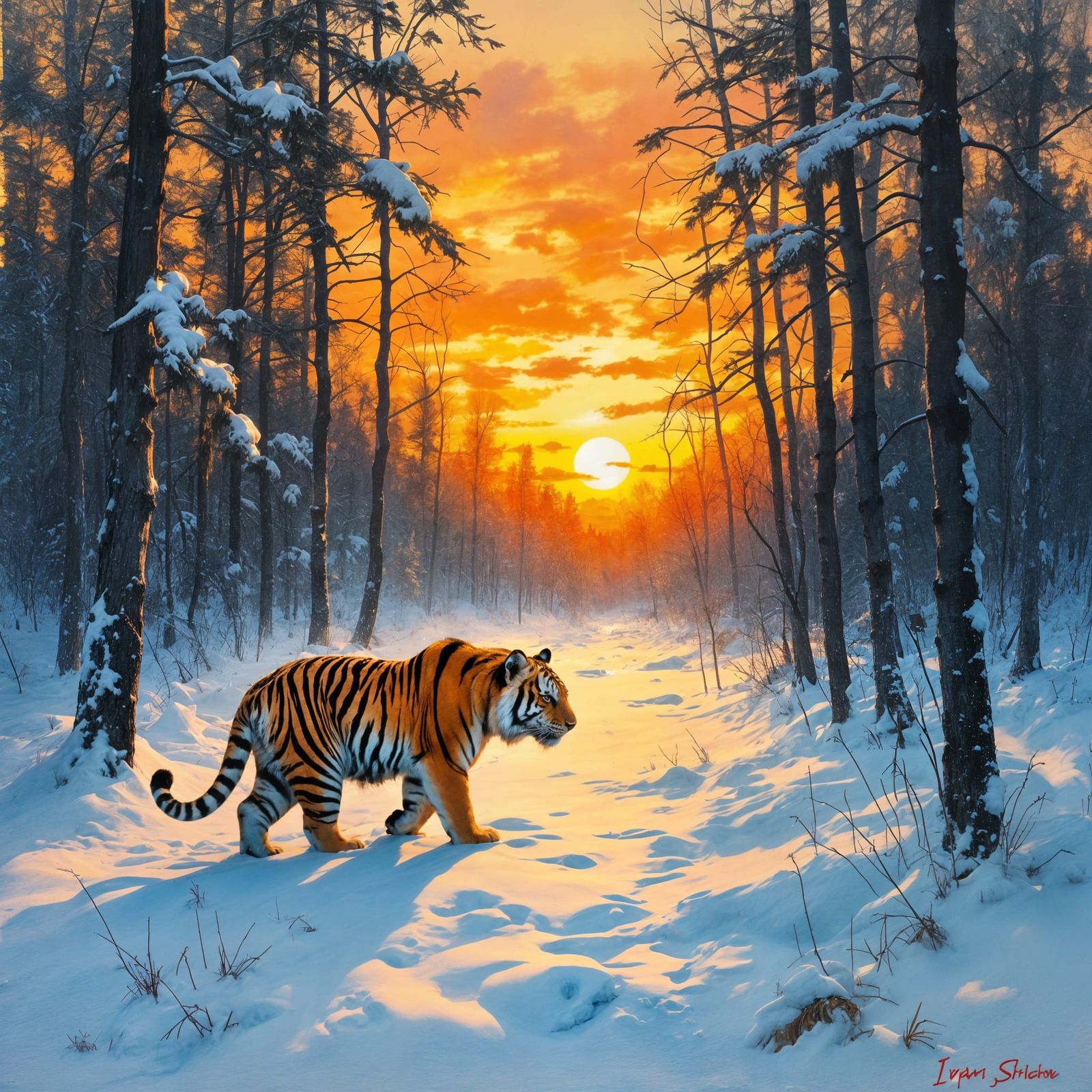 Siberian Tiger Camouflaged in Snowy Forest Oil Painting
