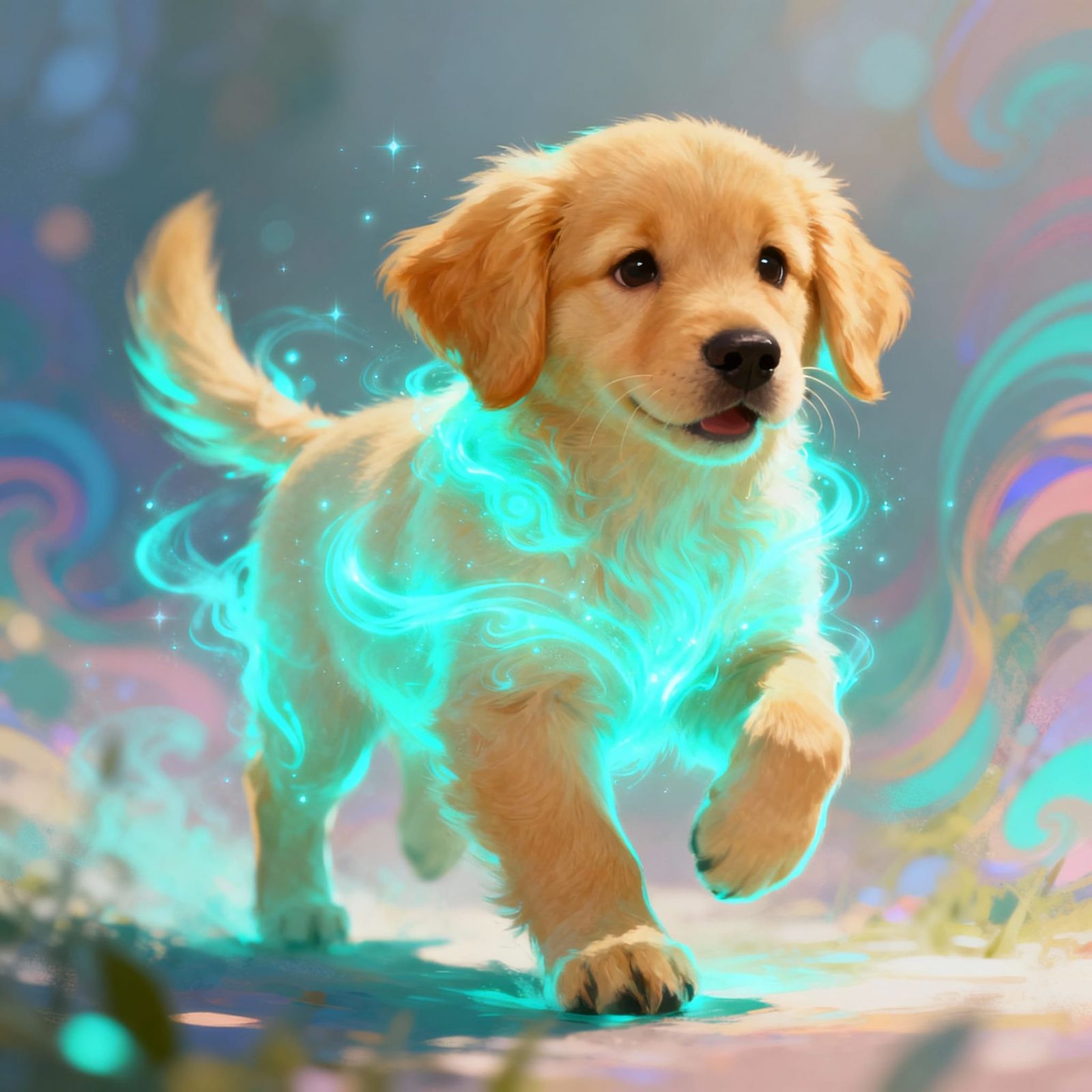 Golden Retriever Puppy With Glowing Cyan Aura
