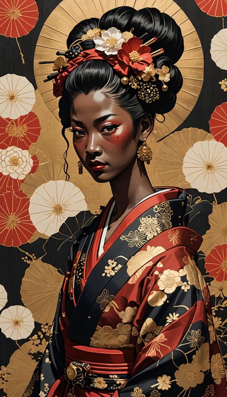 Black Geisha: Japanese Ukiyo-e Woodblock Print