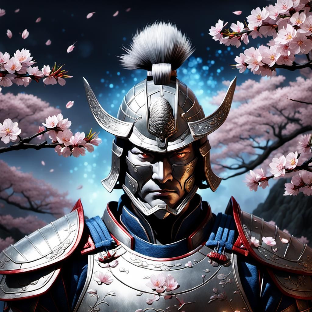 Silver Samurai in Cherry Blossom Garden, Hyperdetailed Portr...