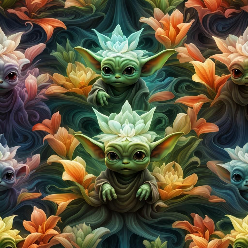 Fractal Lilies with Meditating Baby Yoda: Fantasy Concept Ar...