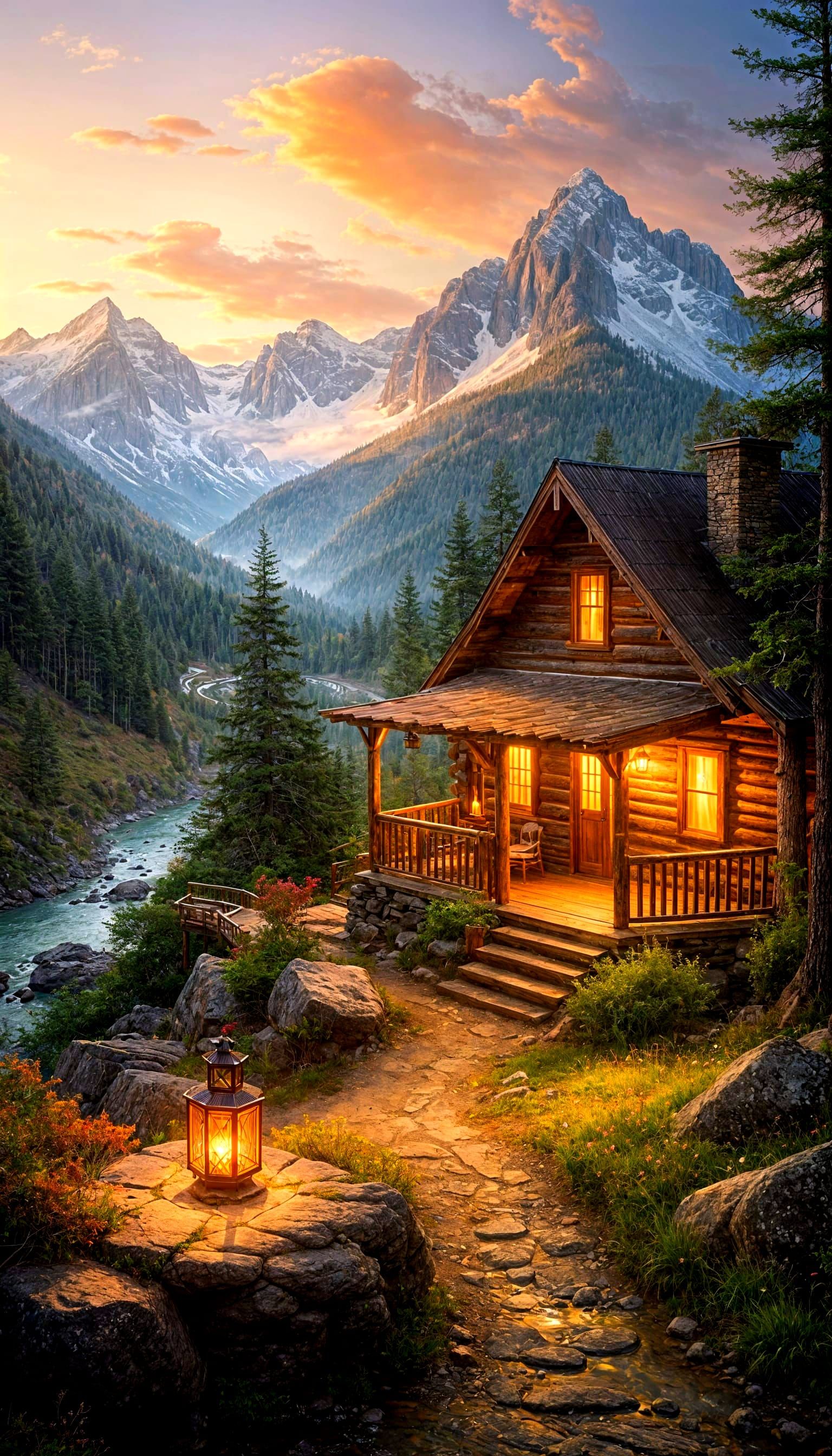 Mountain Sunrise Sanctuary with Lantern Glow