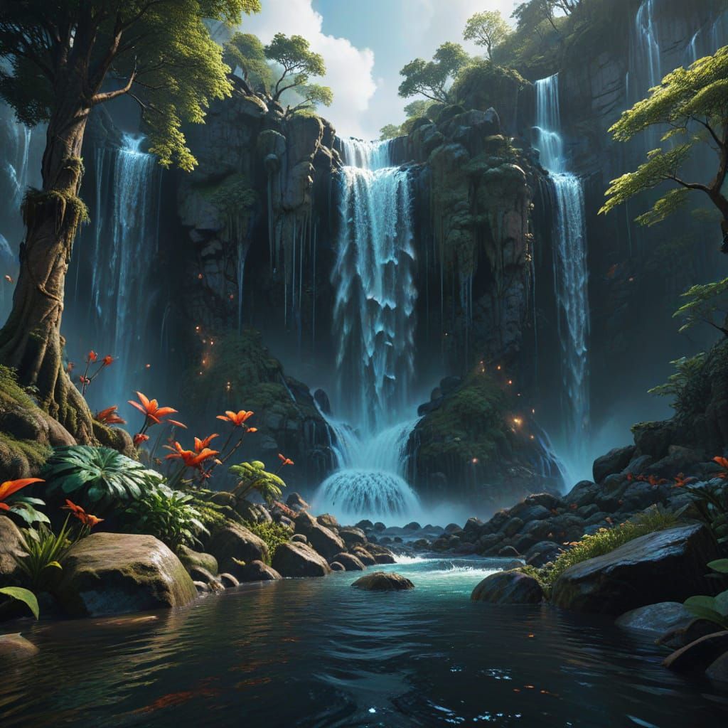 Surreal Waterfall Oasis in Vibrant Colors