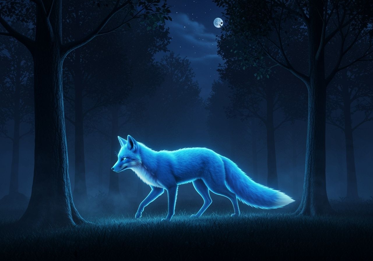 Electric Blue Spirit Fox in Dark Forest