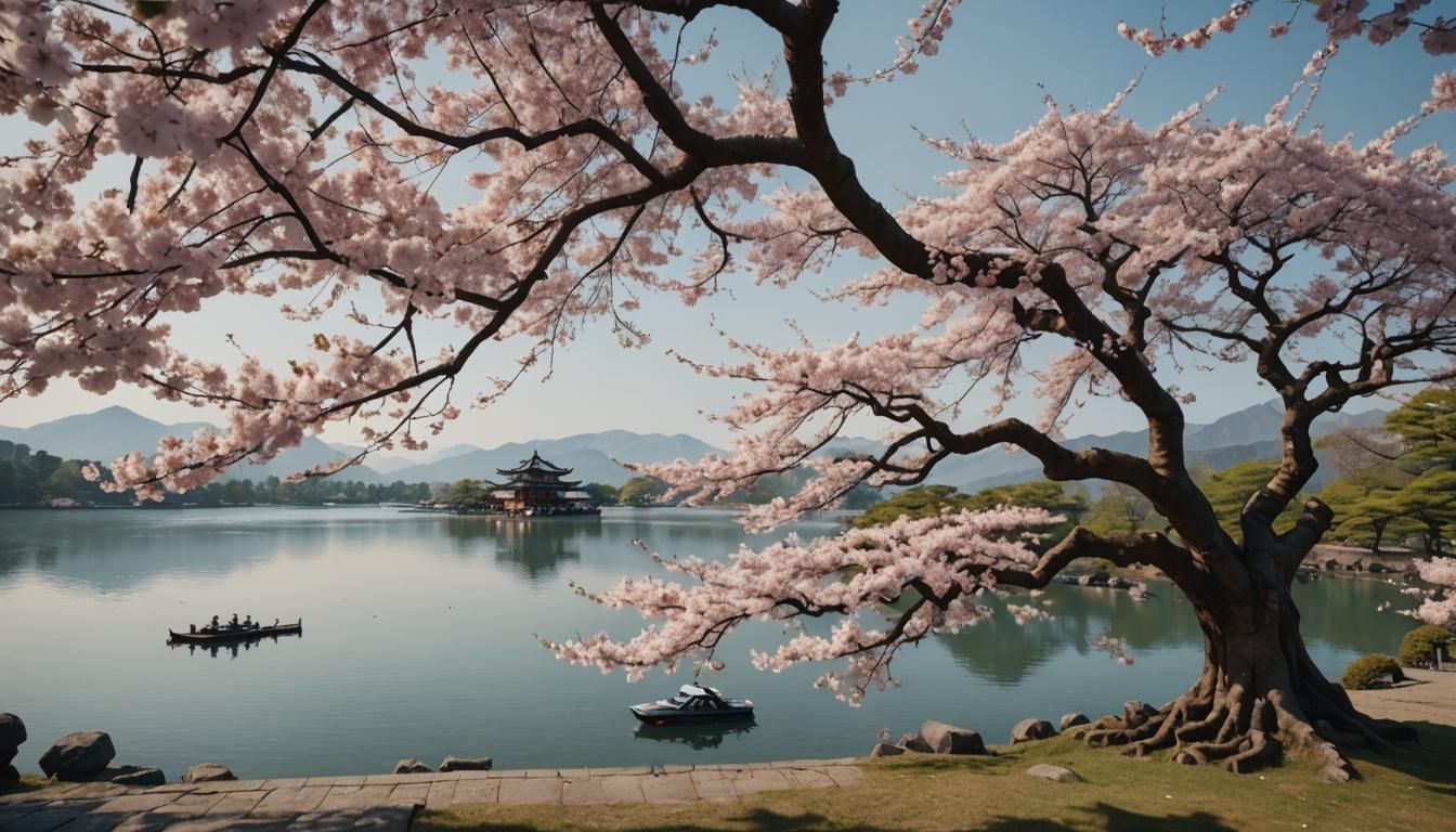 Ancient Sakura Tree by Lake with Car Racing