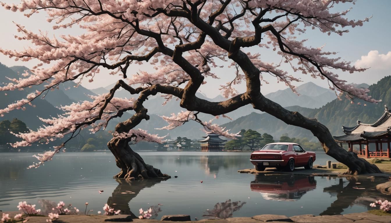 Ancient Sakura Tree by Lake: Serene Beauty