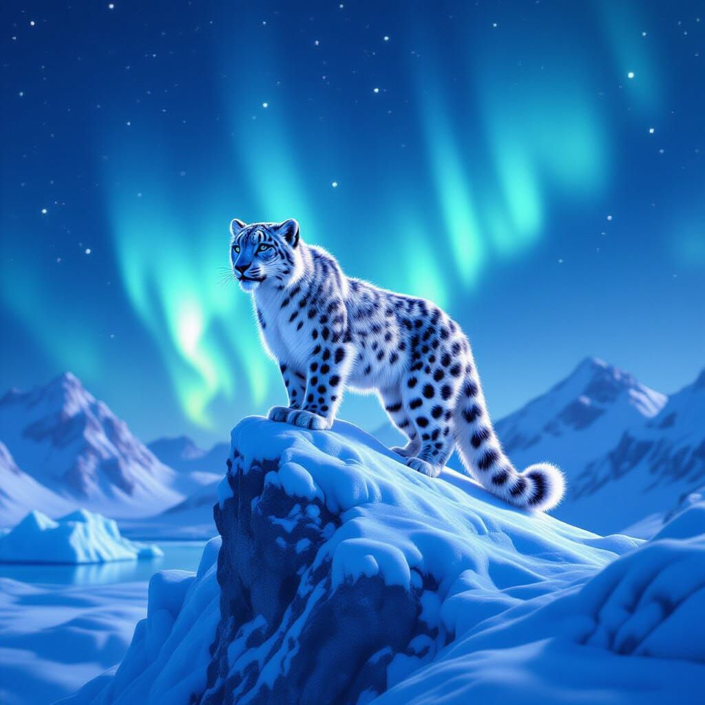 Snow Leopard With Aurora Fur On Arctic Peak