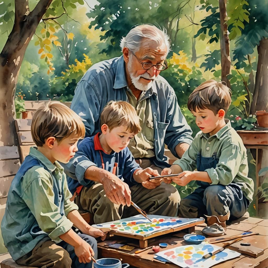 Grandfather Teaching Grandsons in Gouache Watercolor Style
