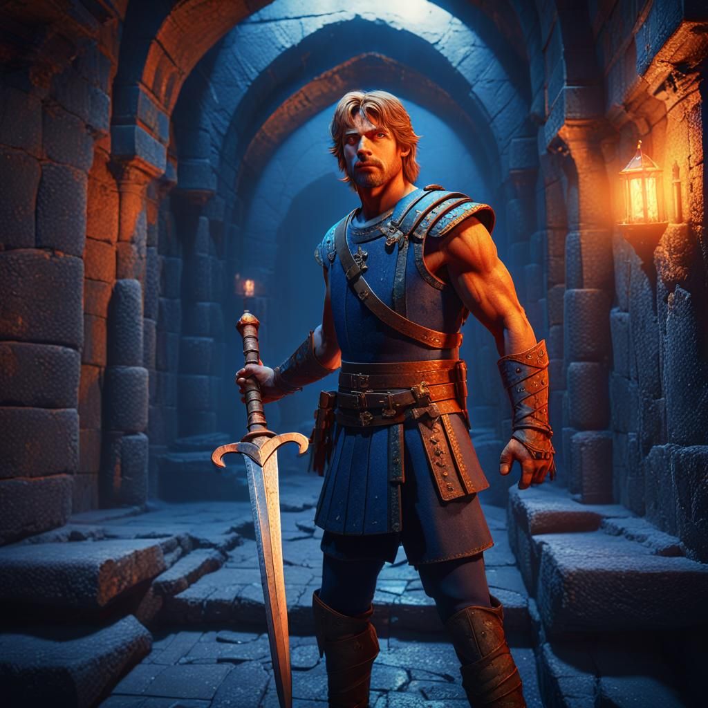 Heroic Figure in Ancient Castle Corridor