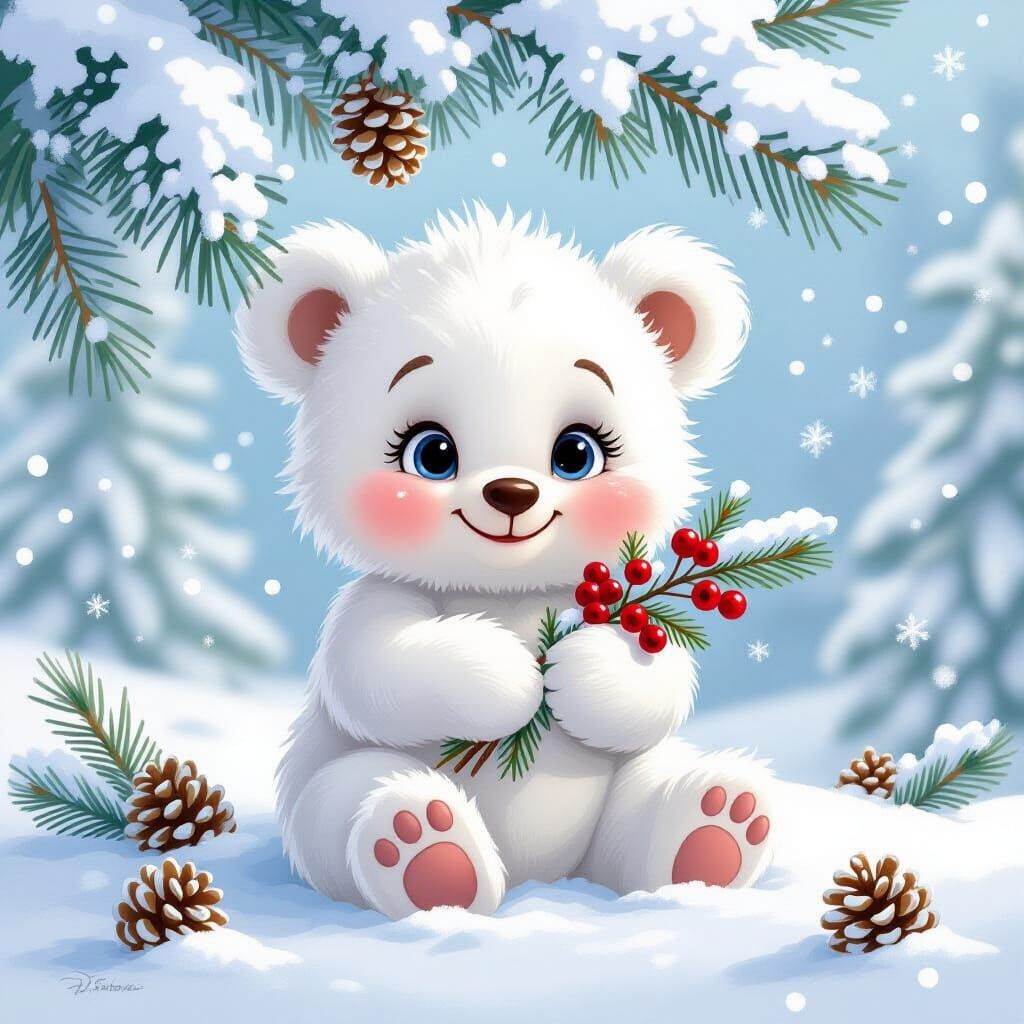 Fluffy White Baby Bear Under Pine Branch in Disney Style