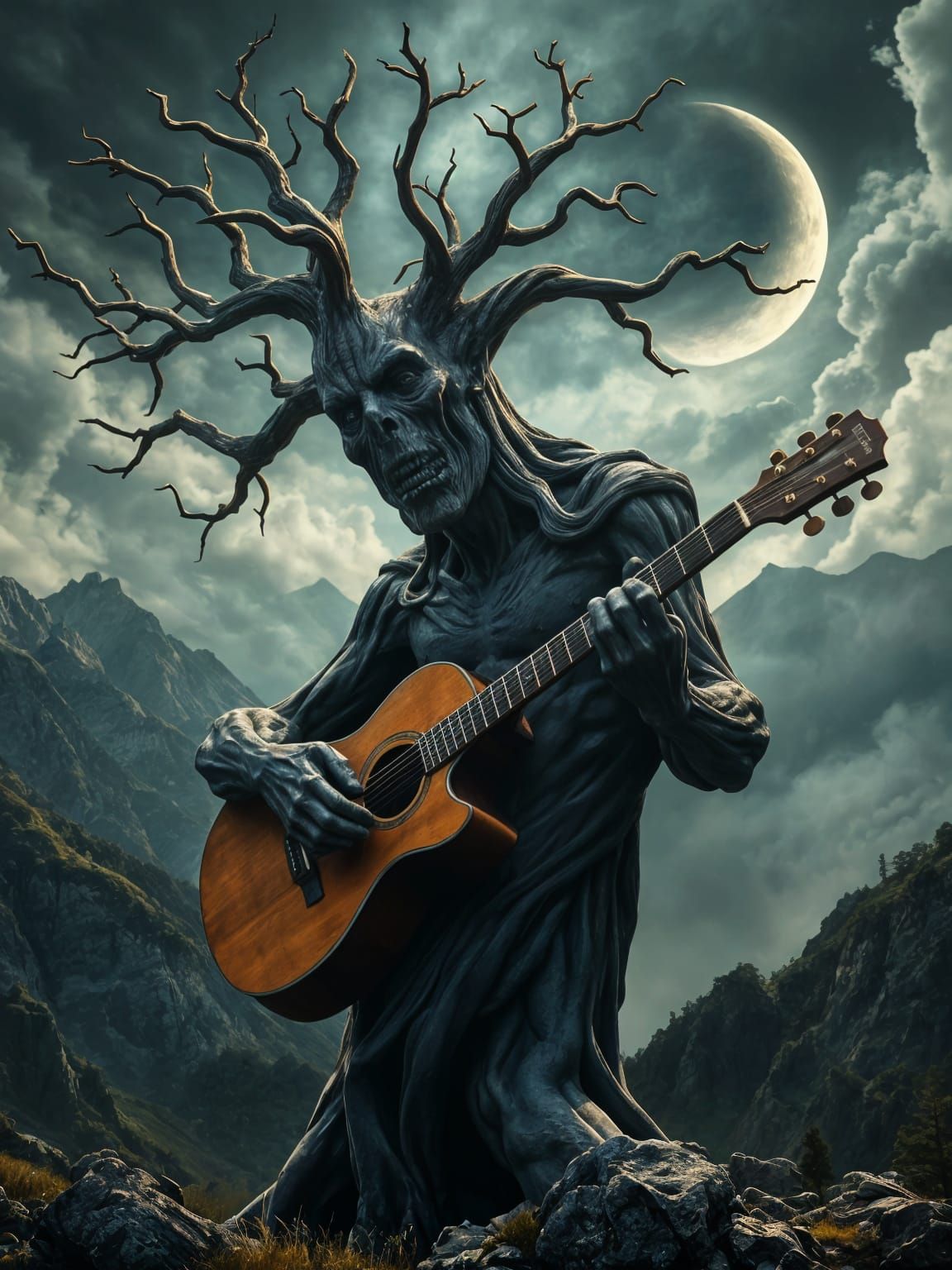 A humanoid tree playing a guitar