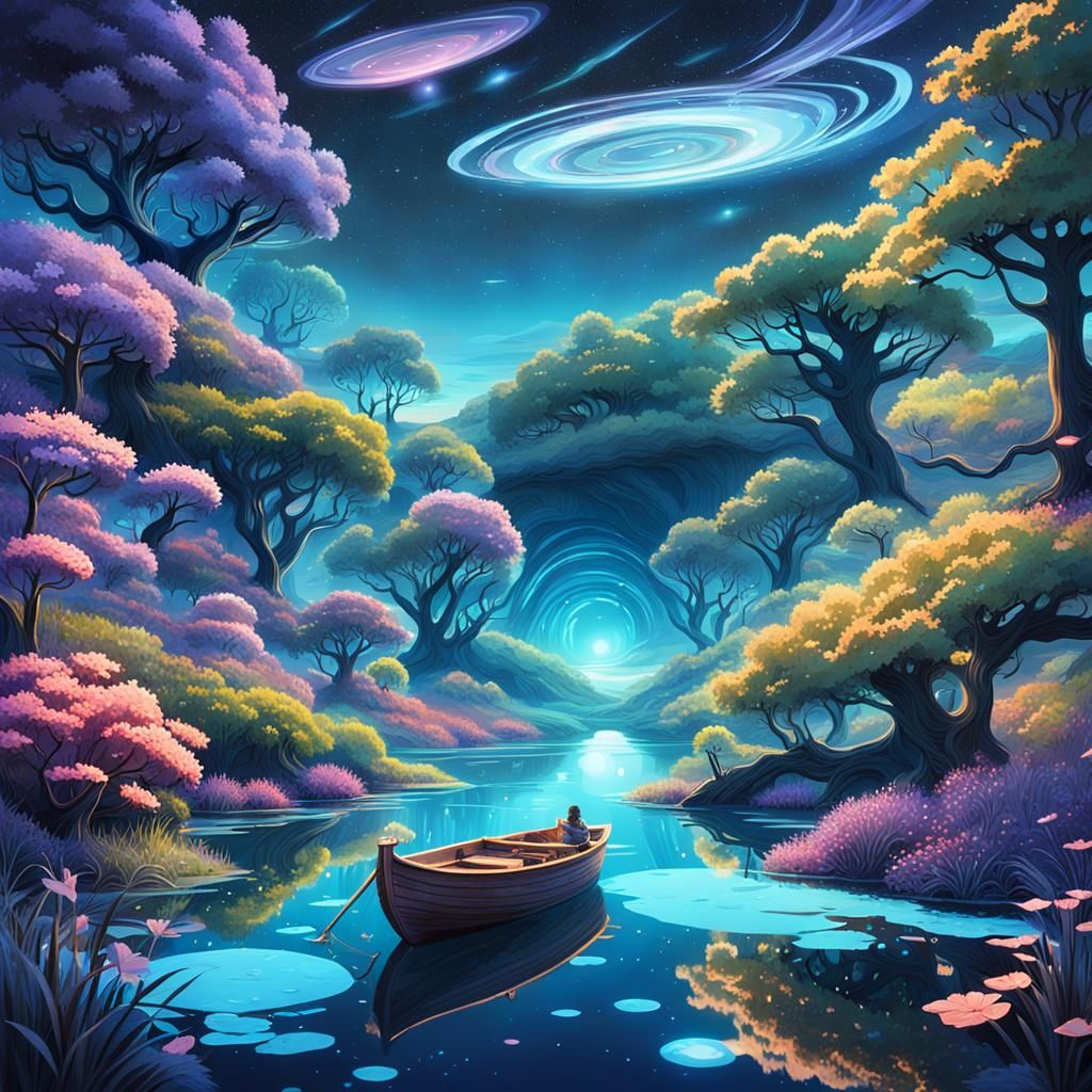 Bioluminescent Lake Under Swirling Galaxies, Digital Matte P...