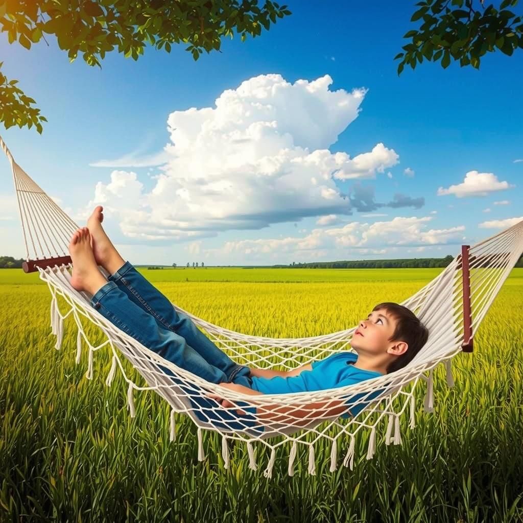 Boy in Hammock Gazing at Beautiful Clouds