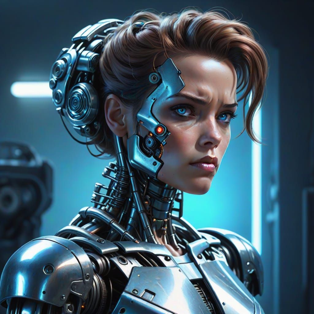 Cyborg Contemplates Domesticity in Realistic Digital Art