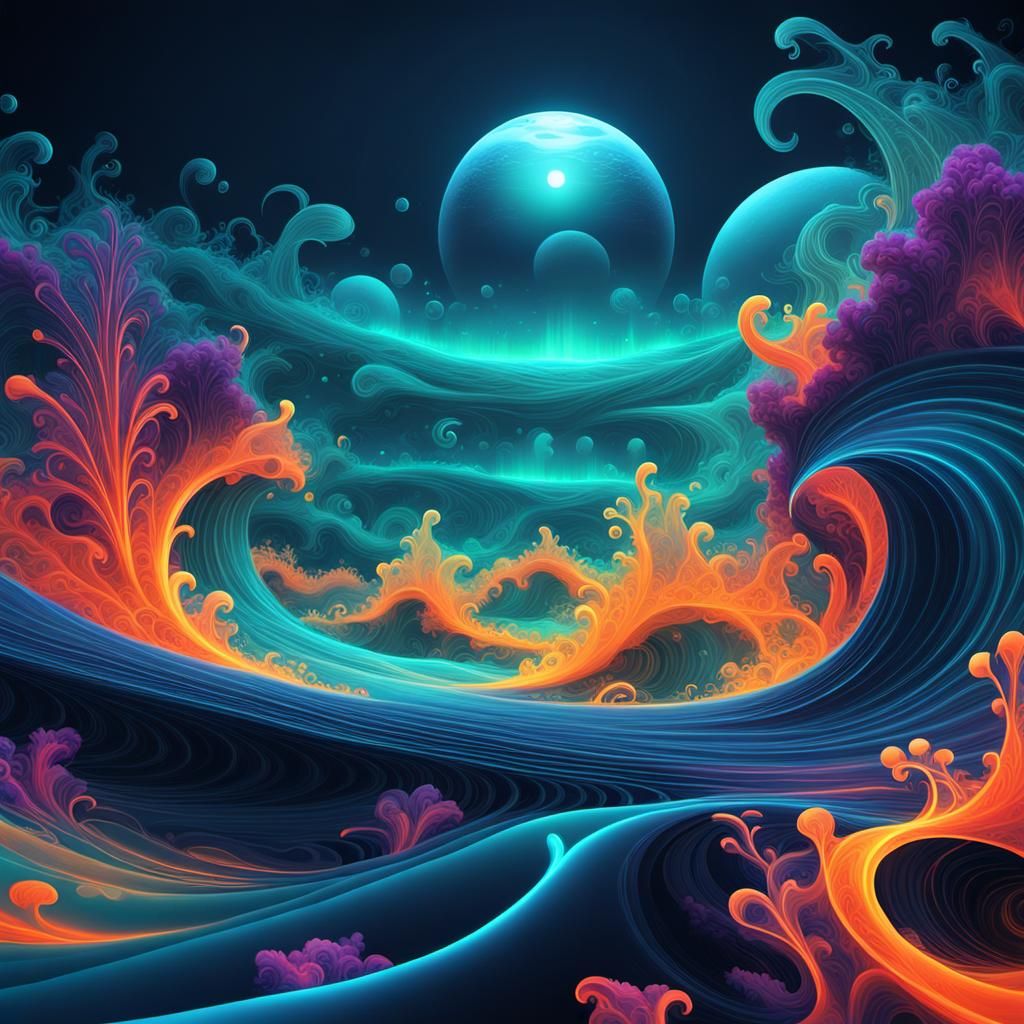 Abstract Alien Ocean Fractal with Neon Mists
