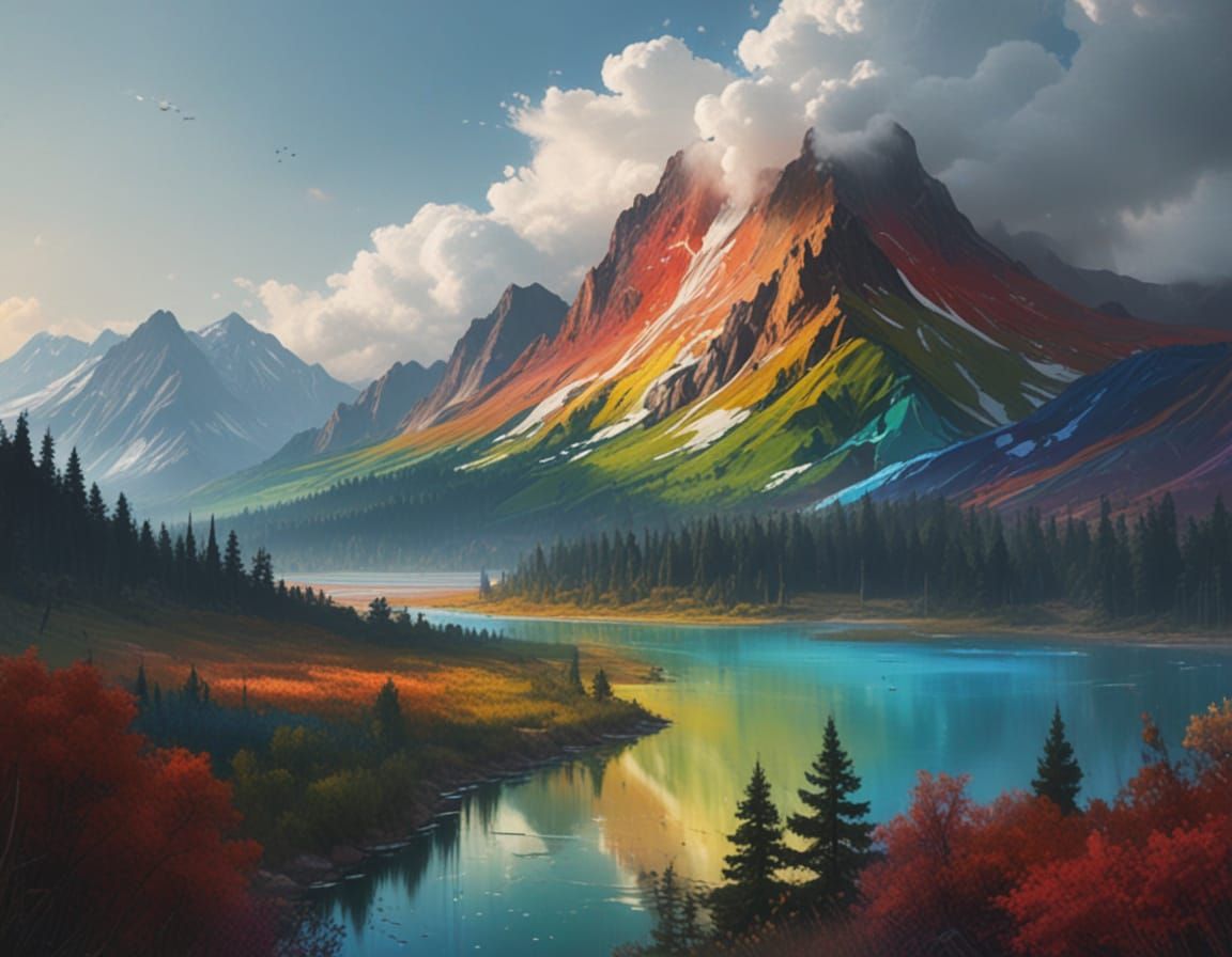 Majestic Rainbow Rider Over a Serene Lake in Vibrant Impasto...