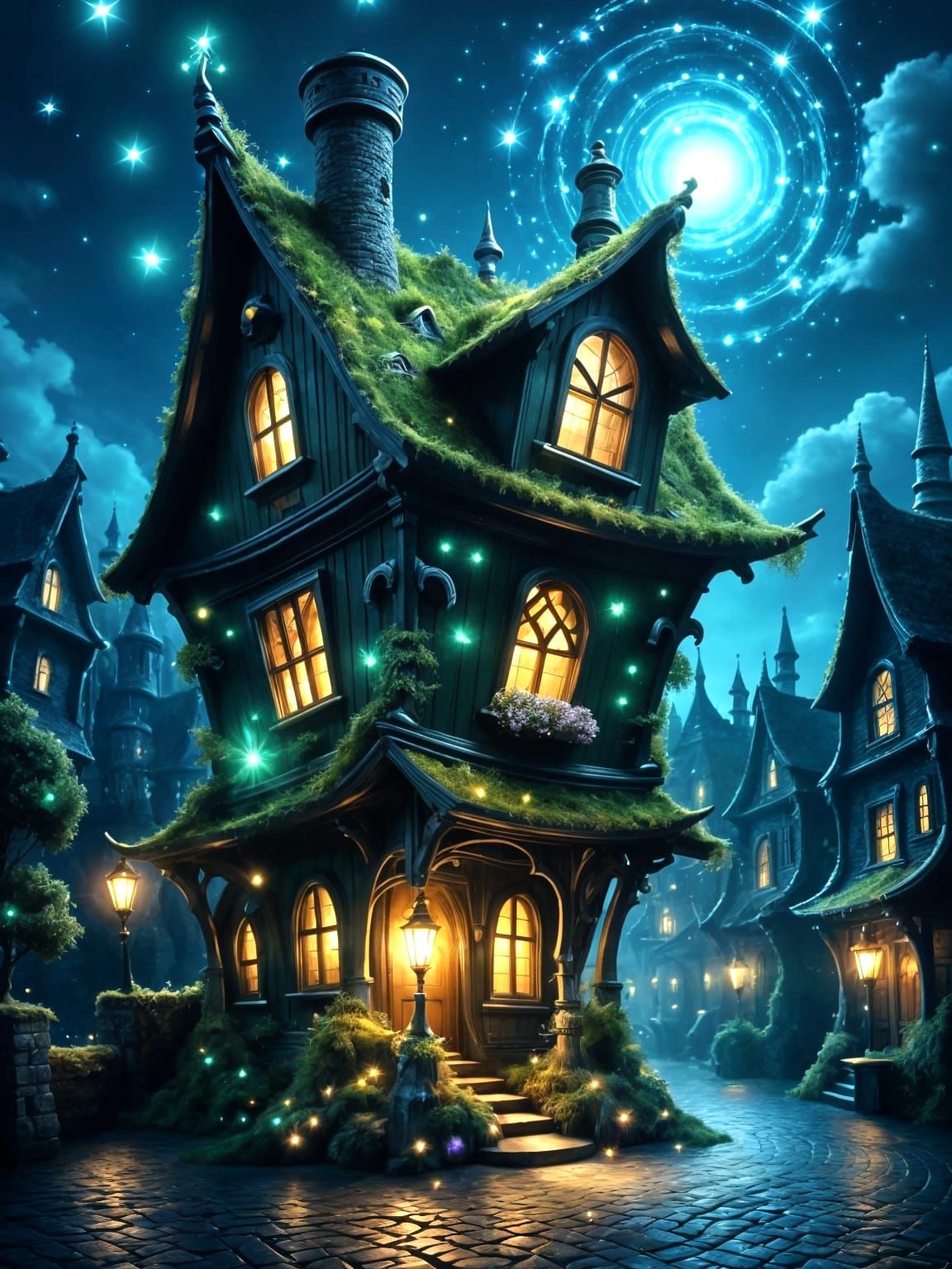 Fantasy Scene of Crooked House Windsor at Night