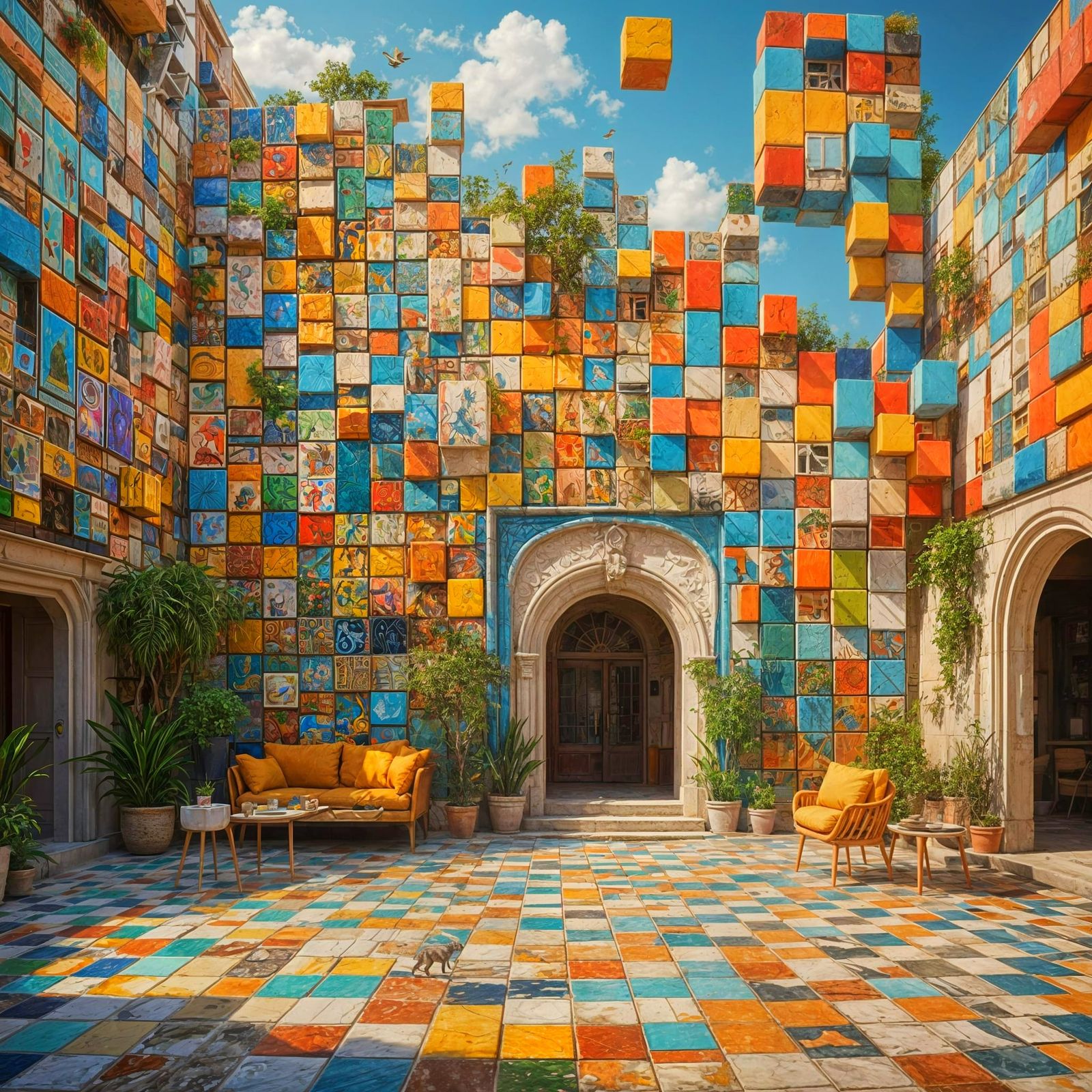 A vibrant, semi-realistic, 3D-rendered mosaic-style artwork featuring a playful and quirky composition of squares. The s...