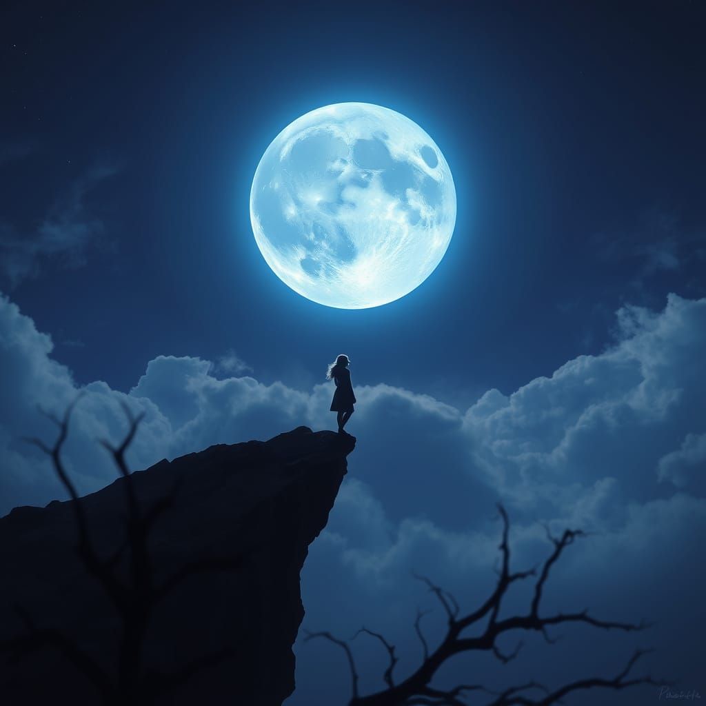 Dreamy Woman Gazing at Vibrant Blue Moon