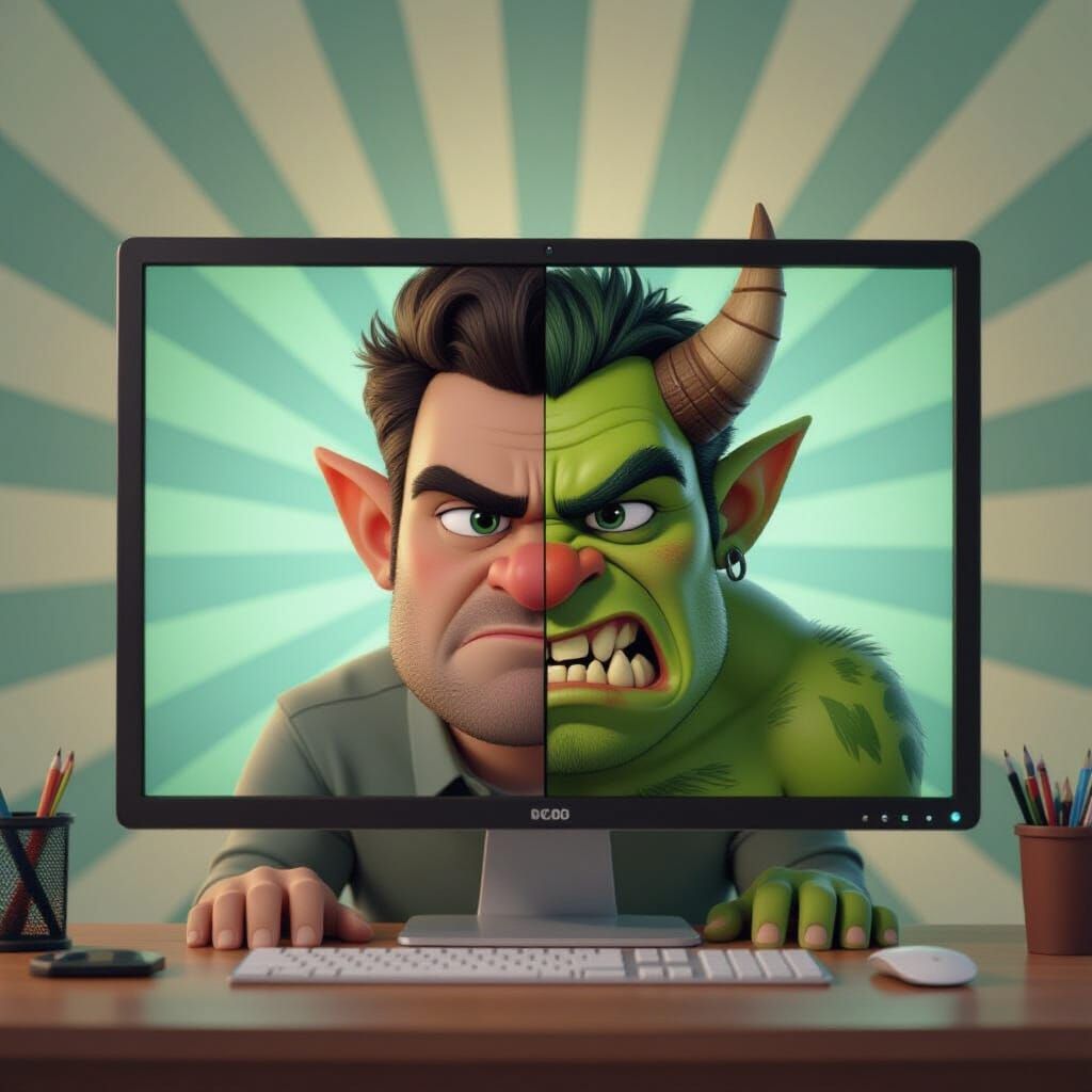 Split Screen: Man Transforms to Troll in 3D Digital Art